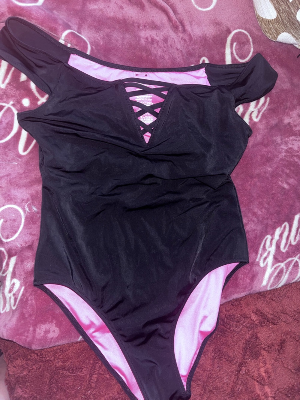 Victoria's Secret Black Vintage one piece with Pink Lining and Lattice Cutouts